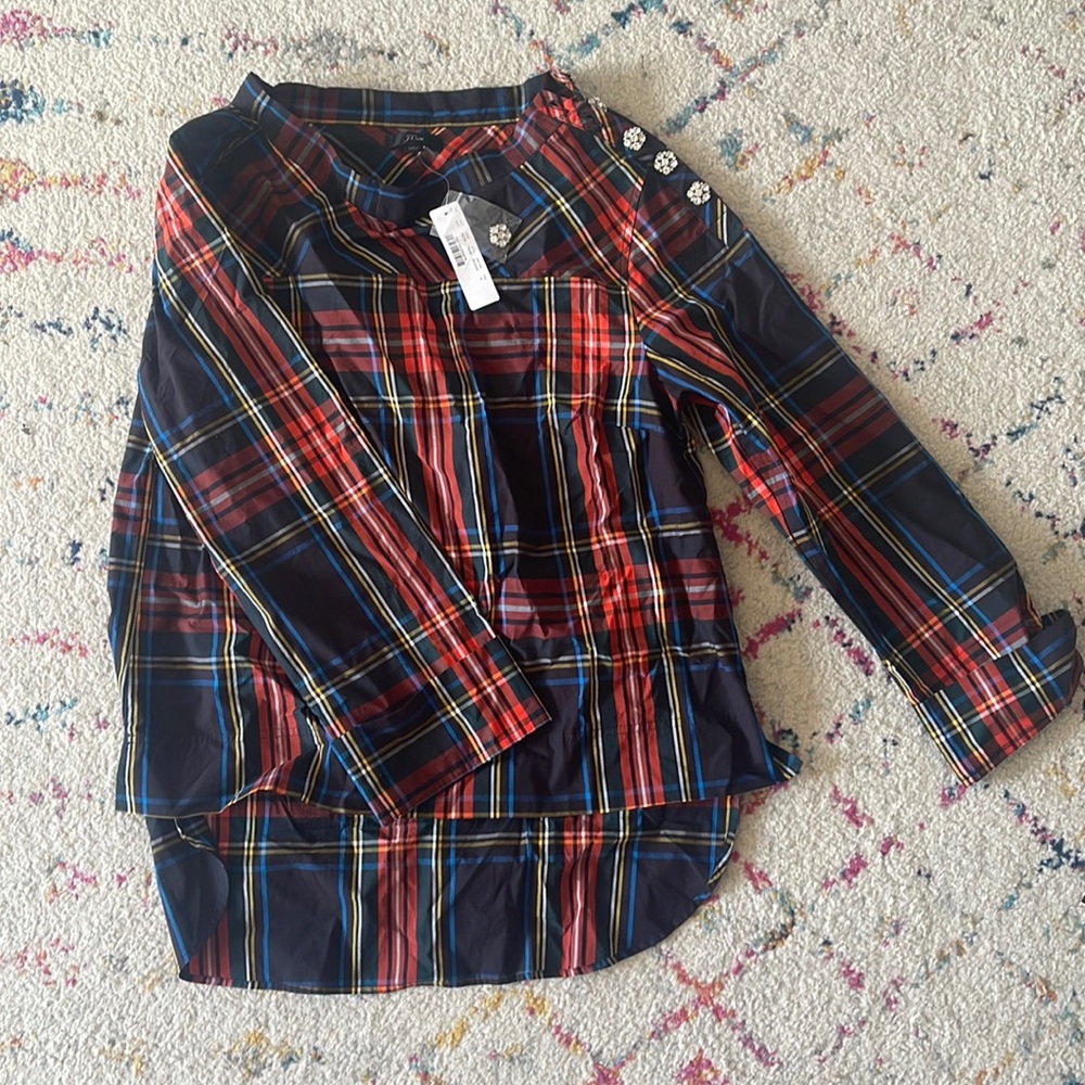 J Crew Funnel Neck Tartan Holiday Shirt